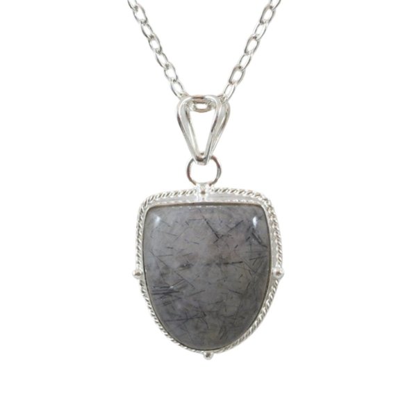 Natural Black Rutilated Quartz Gemstone Pendant Necklace - Picture 1 of 3